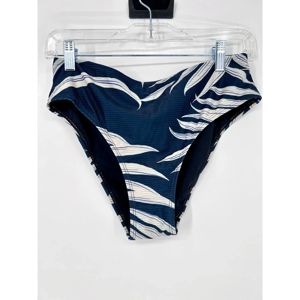 NWT Cupshe Womens M Navy Blue White Tropical Palm Leaf Ribbed Bikini Bottoms‎